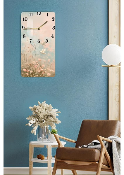Pembe Çiçekler ve Uçan Kuşlar Temalı Temperli Cam Tablo Saat 30×60 cm Hd Uv Baskı– CUSD228 fırsatları