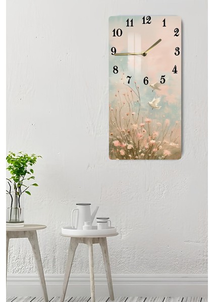 Pembe Çiçekler ve Uçan Kuşlar Temalı Temperli Cam Tablo Saat 30×60 cm Hd Uv Baskı– CUSD228 indirimleri