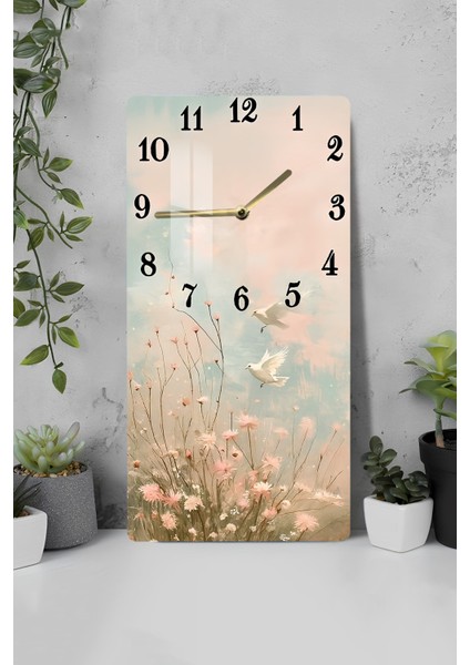 Pembe Çiçekler ve Uçan Kuşlar Temalı Temperli Cam Tablo Saat 30×60 cm Hd Uv Baskı– CUSD228