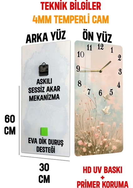 Pembe Çiçekler ve Uçan Kuşlar Temalı Temperli Cam Tablo Saat 30×60 cm Hd Uv Baskı– CUSD228