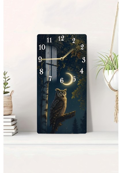 Baykuş ve Hilal Ay Temalı Temperli Cam Tablo Saat 30X60 cm | Hd Uv Baskı– CUSD188