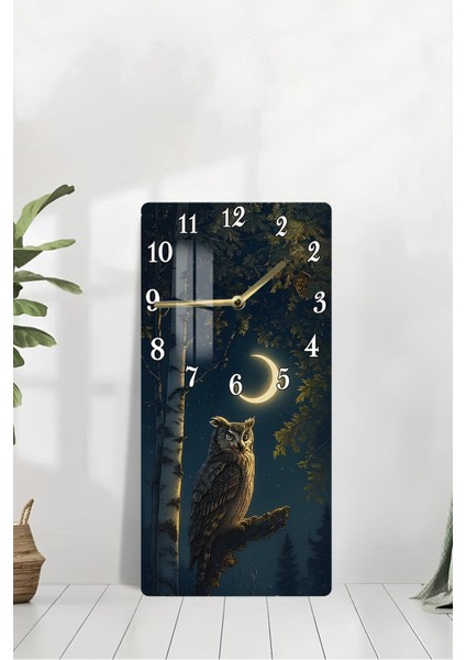 Baykuş ve Hilal Ay Temalı Temperli Cam Tablo Saat 30X60 cm | Hd Uv Baskı– CUSD188 modelleri