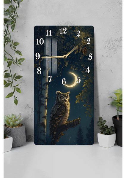 Baykuş ve Hilal Ay Temalı Temperli Cam Tablo Saat 30X60 cm | Hd Uv Baskı– CUSD188
