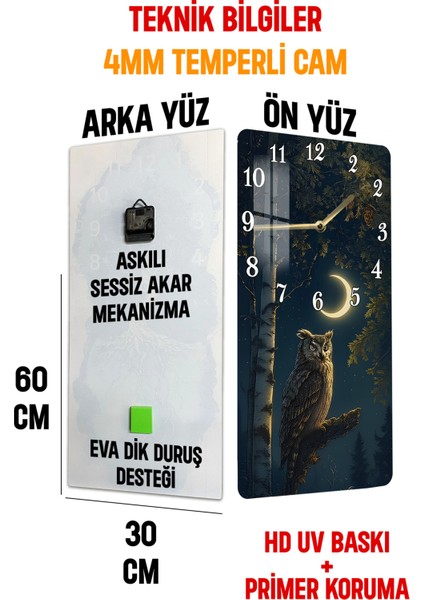 Baykuş ve Hilal Ay Temalı Temperli Cam Tablo Saat 30X60 cm | Hd Uv Baskı– CUSD188