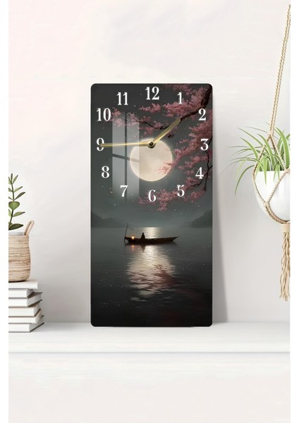 Ejderha Sineği ve Altın Hilal Temalı Temperli Cam Tablo Saat 30X60 cm | Hd Uv Baskı– CUSD185