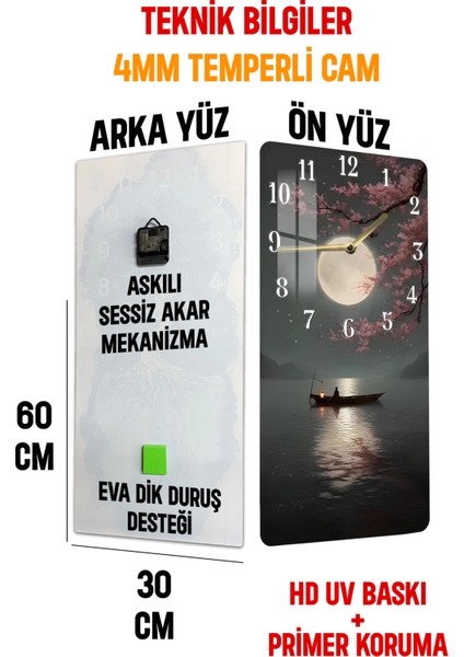 Ejderha Sineği ve Altın Hilal Temalı Temperli Cam Tablo Saat 30X60 cm | Hd Uv Baskı– CUSD185