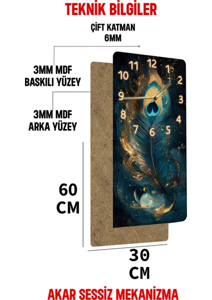 Uv Baskı Mdf Tablo Saat – Tavuskuşu Tüyü Desenli, 30X60 Cm– USD231
