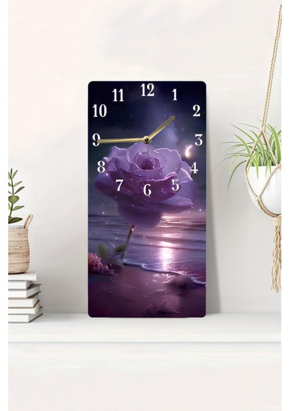 Gece Işıltısında Mor Gül Desenli Mdf Tablo Saat Uv Baskı– 30X60 Cm– USD232