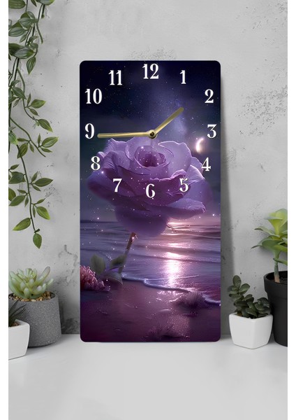 Gece Işıltısında Mor Gül Desenli Mdf Tablo Saat Uv Baskı– 30X60 Cm– USD232