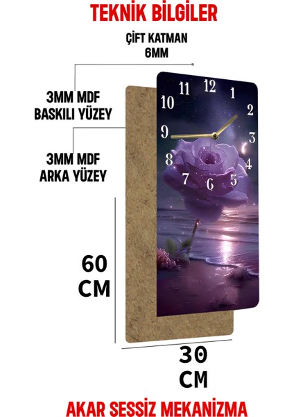 Gece Işıltısında Mor Gül Desenli Mdf Tablo Saat Uv Baskı– 30X60 Cm– USD232