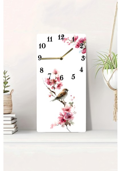 Pembe Çiçekler ve Serçe Kuşu Desenli Uv Baskı Mdf Tablo Saat – 30X60 Cm– USD223