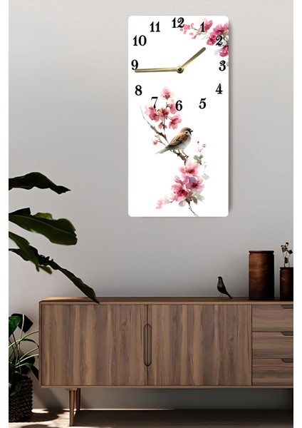 Pembe Çiçekler ve Serçe Kuşu Desenli Uv Baskı Mdf Tablo Saat – 30X60 Cm– USD223 fiyatları