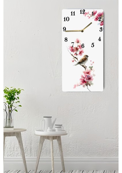 Pembe Çiçekler ve Serçe Kuşu Desenli Uv Baskı Mdf Tablo Saat – 30X60 Cm– USD223 indirimleri