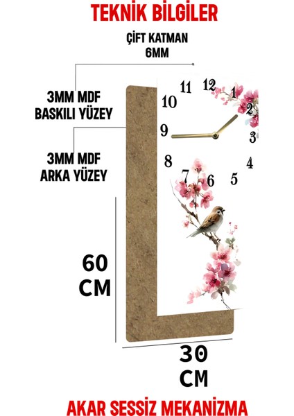 Pembe Çiçekler ve Serçe Kuşu Desenli Uv Baskı Mdf Tablo Saat – 30X60 Cm– USD223