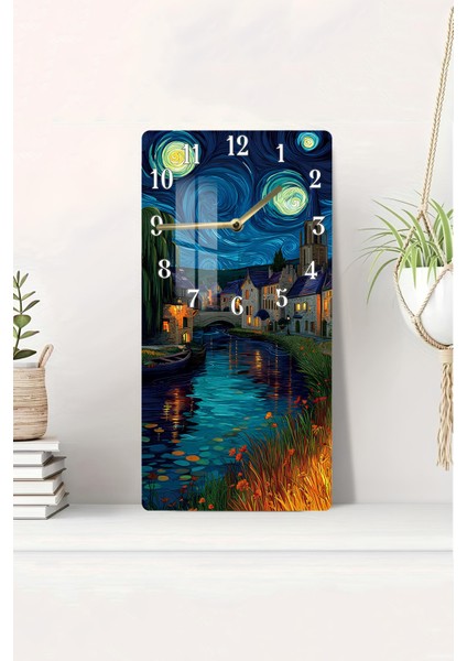Van Gogh Esintili Gece Manzaralı Temperli Cam Tablo Saat – 30X60 cm Uv Baskı – CUSD018