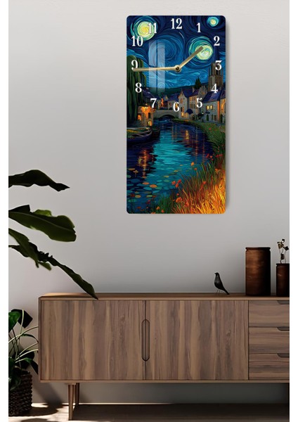 Van Gogh Esintili Gece Manzaralı Temperli Cam Tablo Saat – 30X60 cm Uv Baskı – CUSD018 modelleri