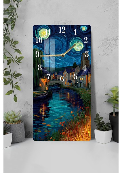 Van Gogh Esintili Gece Manzaralı Temperli Cam Tablo Saat – 30X60 cm Uv Baskı – CUSD018