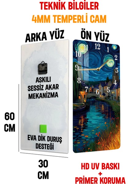 Van Gogh Esintili Gece Manzaralı Temperli Cam Tablo Saat – 30X60 cm Uv Baskı – CUSD018