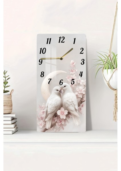 Aşk Kuşları ve Ay Desenli Temperli Cam Tablo Saat 30×60 cm Hd Uv Baskı– CUSD245