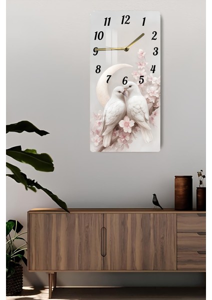 Aşk Kuşları ve Ay Desenli Temperli Cam Tablo Saat 30×60 cm Hd Uv Baskı– CUSD245 fiyatları