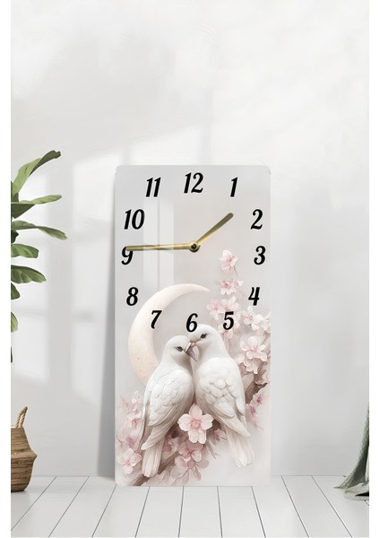 Aşk Kuşları ve Ay Desenli Temperli Cam Tablo Saat 30×60 cm Hd Uv Baskı– CUSD245 modelleri