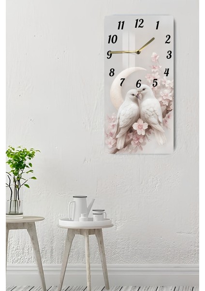 Aşk Kuşları ve Ay Desenli Temperli Cam Tablo Saat 30×60 cm Hd Uv Baskı– CUSD245 indirimleri