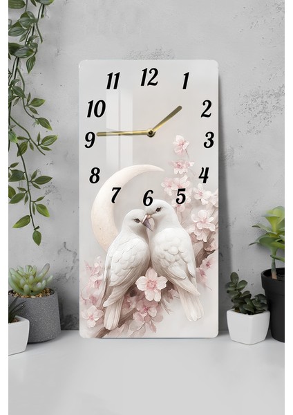 Aşk Kuşları ve Ay Desenli Temperli Cam Tablo Saat 30×60 cm Hd Uv Baskı– CUSD245
