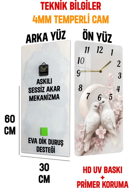 Aşk Kuşları ve Ay Desenli Temperli Cam Tablo Saat 30×60 cm Hd Uv Baskı– CUSD245