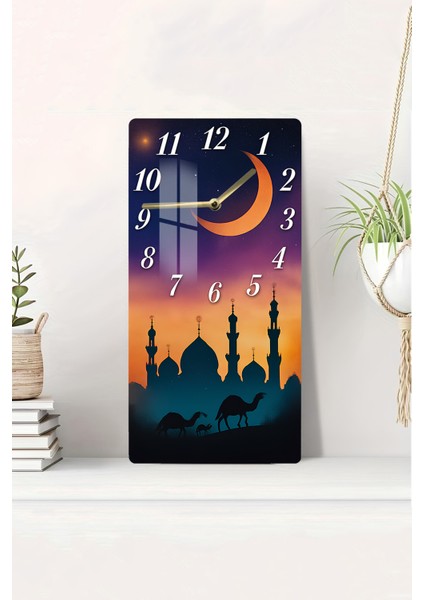 Hilal ve Mescit Siluetli Temperli Cam Tablo Saat – 30X60 cm Hd Uv Baskı– CUSD172