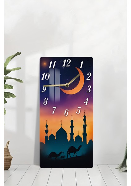 Hilal ve Mescit Siluetli Temperli Cam Tablo Saat – 30X60 cm Hd Uv Baskı– CUSD172 modelleri