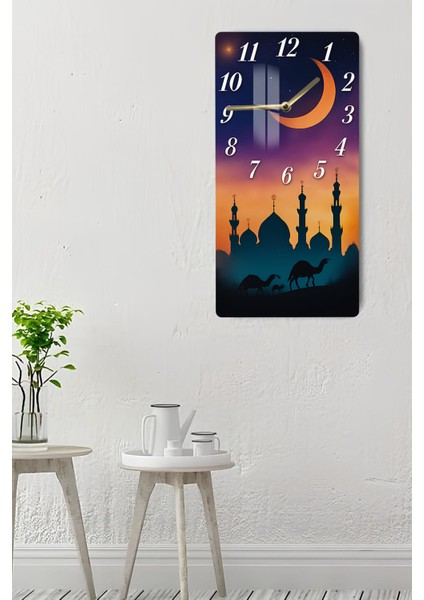 Hilal ve Mescit Siluetli Temperli Cam Tablo Saat – 30X60 cm Hd Uv Baskı– CUSD172 indirimleri