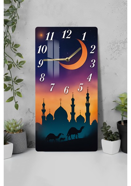 Hilal ve Mescit Siluetli Temperli Cam Tablo Saat – 30X60 cm Hd Uv Baskı– CUSD172