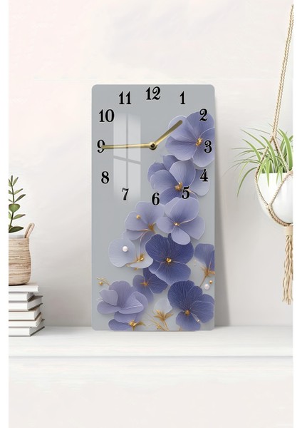 Mor Mavi Çiçek Desenli Temperli Cam Tablo Saat – 30X60 cm | Zarafet ve Şıklığın Buluşması– CUSD168
