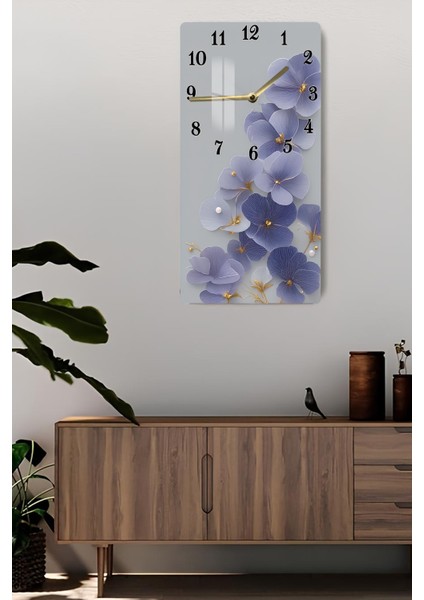 Mor Mavi Çiçek Desenli Temperli Cam Tablo Saat – 30X60 cm | Zarafet ve Şıklığın Buluşması– CUSD168 fiyatları