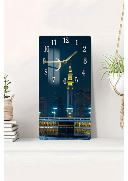 Kâbe ve Saat Kulesi Manzaralı Temperli Cam Tablo Saat 30X60 cm | Hd Uv Baskı– CUSD190