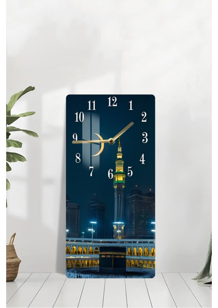 Kâbe ve Saat Kulesi Manzaralı Temperli Cam Tablo Saat 30X60 cm | Hd Uv Baskı– CUSD190 modelleri