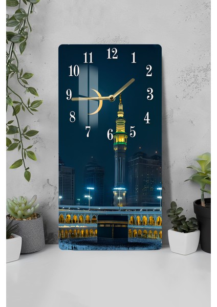 Kâbe ve Saat Kulesi Manzaralı Temperli Cam Tablo Saat 30X60 cm | Hd Uv Baskı– CUSD190