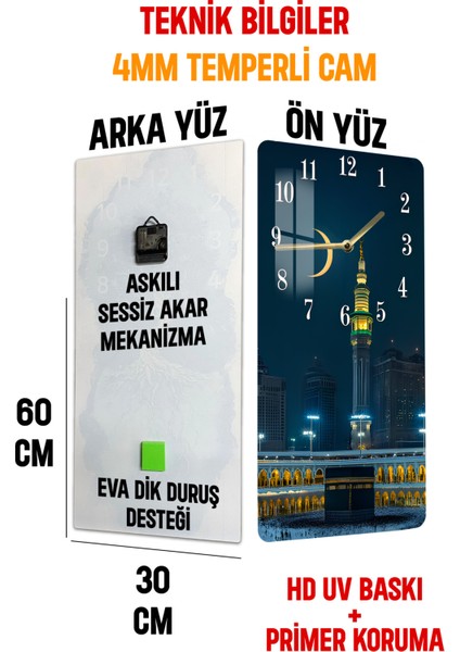 Kâbe ve Saat Kulesi Manzaralı Temperli Cam Tablo Saat 30X60 cm | Hd Uv Baskı– CUSD190