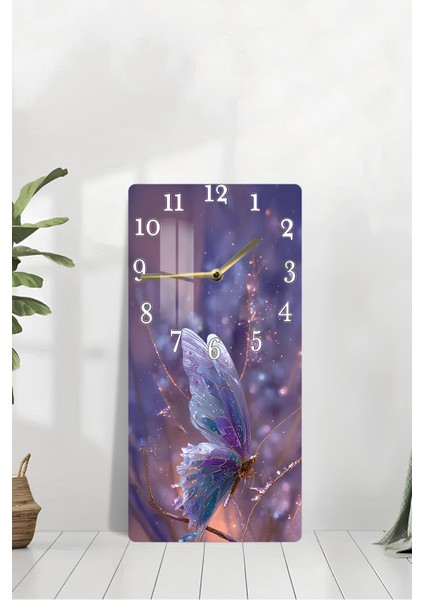Mor Işıltılı Kelebek Temalı Temperli Cam Tablo Saat – 30X60 cm | Hd Uv Baskı– CUSD159 modelleri