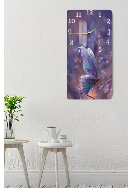 Mor Işıltılı Kelebek Temalı Temperli Cam Tablo Saat – 30X60 cm | Hd Uv Baskı– CUSD159 indirimleri