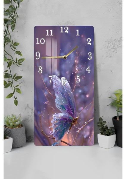 Mor Işıltılı Kelebek Temalı Temperli Cam Tablo Saat – 30X60 cm | Hd Uv Baskı– CUSD159