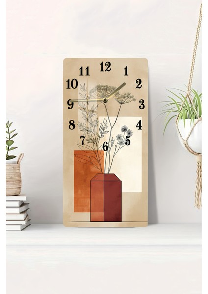 Temperli Cam Tablo Saat – Tarçın Tonlarında Vazo ve Bitki Deseni (30X60CM)– Uv Baskı– CUSD107