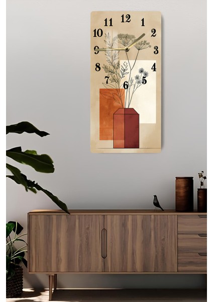 Temperli Cam Tablo Saat – Tarçın Tonlarında Vazo ve Bitki Deseni (30X60CM)– Uv Baskı– CUSD107 fiyatları