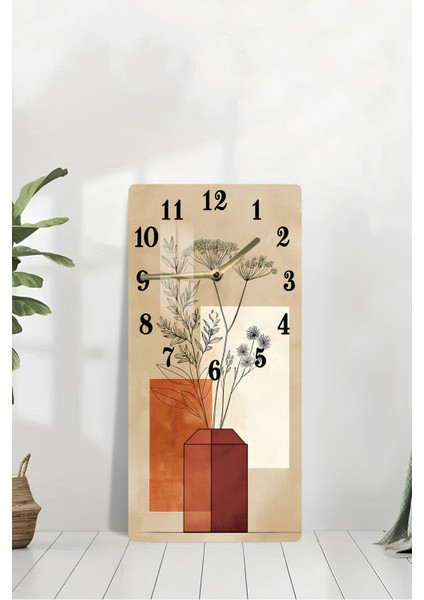 Temperli Cam Tablo Saat – Tarçın Tonlarında Vazo ve Bitki Deseni (30X60CM)– Uv Baskı– CUSD107 modelleri