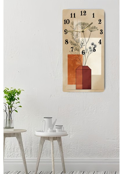 Temperli Cam Tablo Saat – Tarçın Tonlarında Vazo ve Bitki Deseni (30X60CM)– Uv Baskı– CUSD107 indirimleri