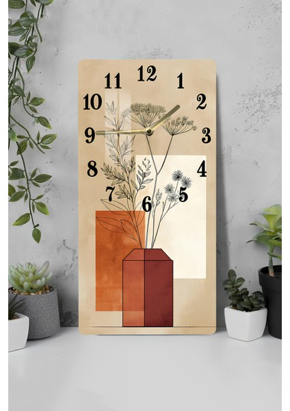 Temperli Cam Tablo Saat – Tarçın Tonlarında Vazo ve Bitki Deseni (30X60CM)– Uv Baskı– CUSD107