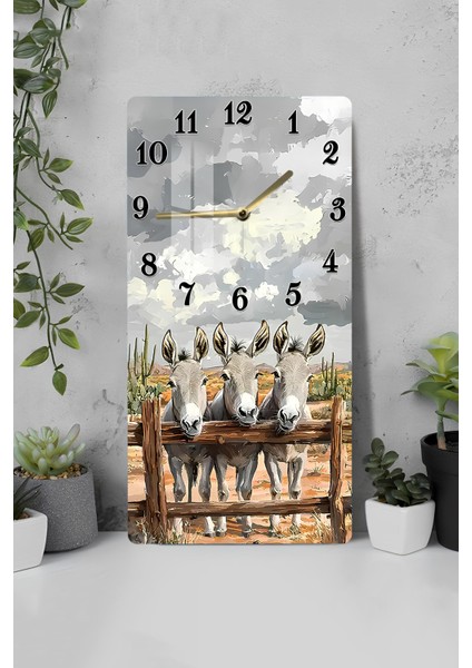 3 Sevimli Eşek Desenli Temperli Cam Tablo Saat – 33X33 cm | Hd Uv Baskı– CUSD088