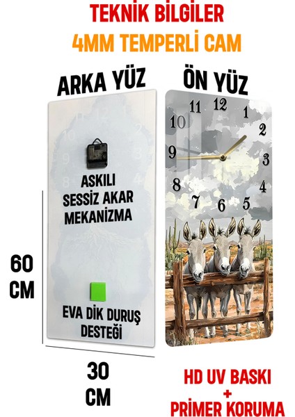 3 Sevimli Eşek Desenli Temperli Cam Tablo Saat – 33X33 cm | Hd Uv Baskı– CUSD088