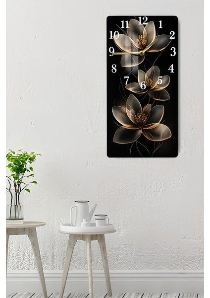 Siyah Zemin Üzerinde Altın Çiçek Desenli Temperli Cam Duvar Saati – 33X33 cm – Uv Baskı – CUSD070 indirimleri