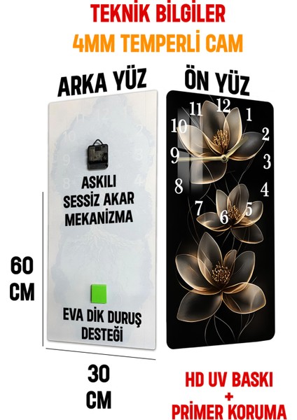 Siyah Zemin Üzerinde Altın Çiçek Desenli Temperli Cam Duvar Saati – 33X33 cm – Uv Baskı – CUSD070